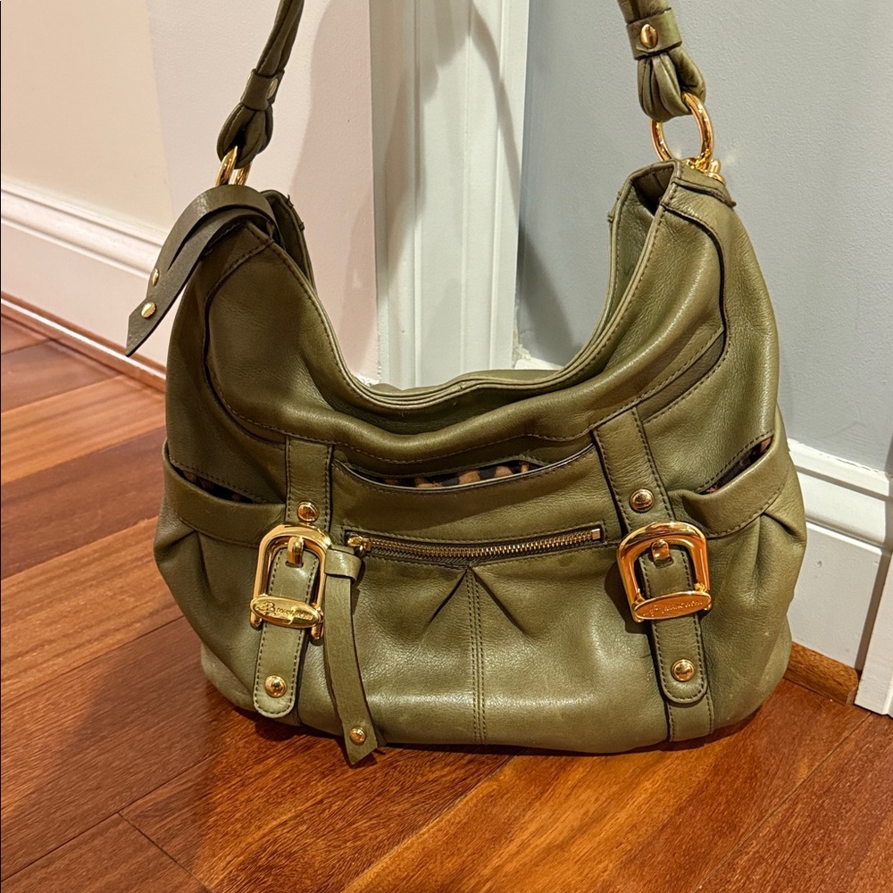 b. makowsky Olive Leather Hobo Bag with Gold Accents